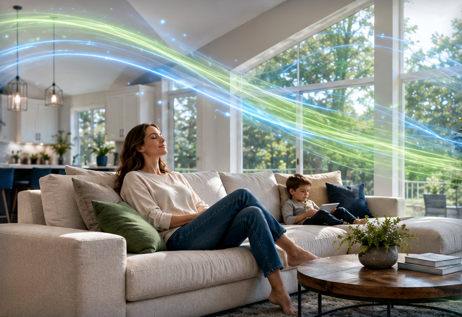 Clean, healthy indoor air moving through a bright home