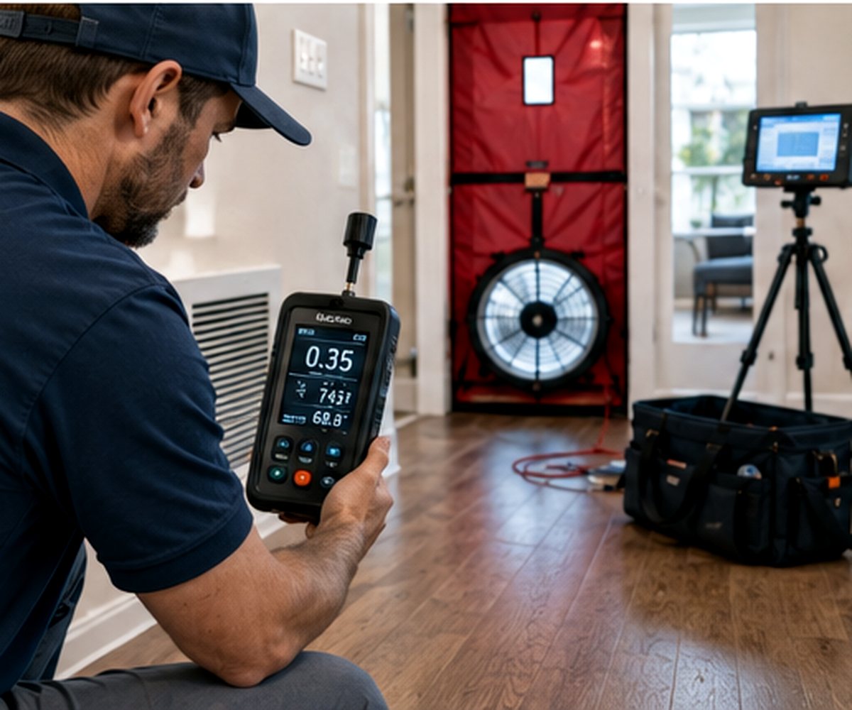 Quantum Indoor Air Quality technician testing a home with a blower door